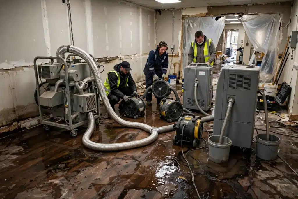Industrial thermal drying equipment and dehumidifiers drying a water-damaged room