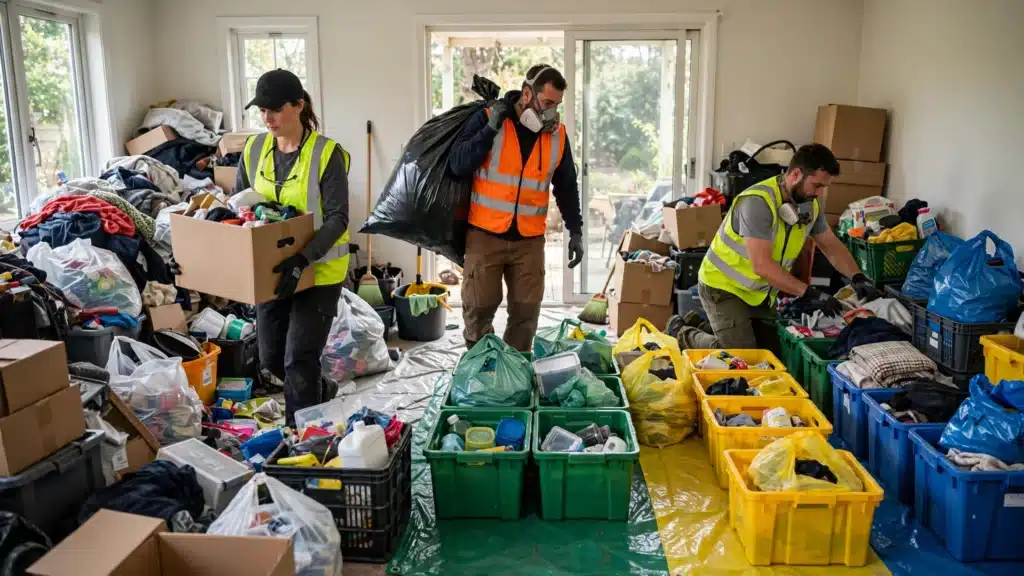 Cleanup crew in protective gear clearing extreme clutter from a home