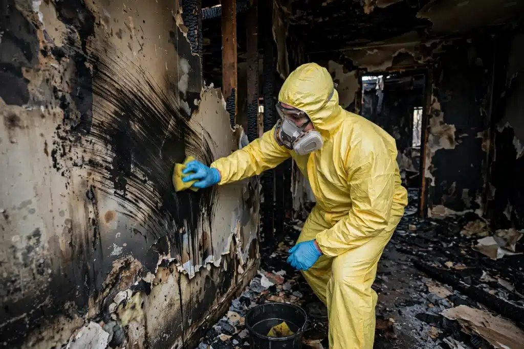 Technician in hazmat suit removing black soot from fire-damaged drywall