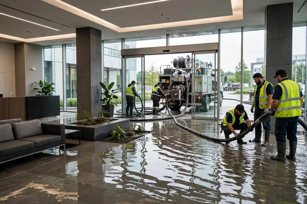 Commercial office lobby with standing water and truck-mounted extraction equipment