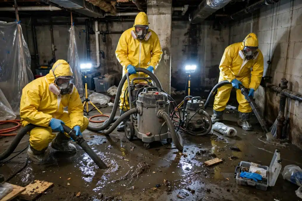 Biohazard cleanup crew in full PPE extracting sewage backup from basement floor