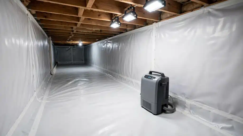 Sealed crawl space with vapor barrier liner and commercial dehumidifier